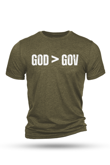 Green t-shirt with 'GOD > GOV' text on a white background