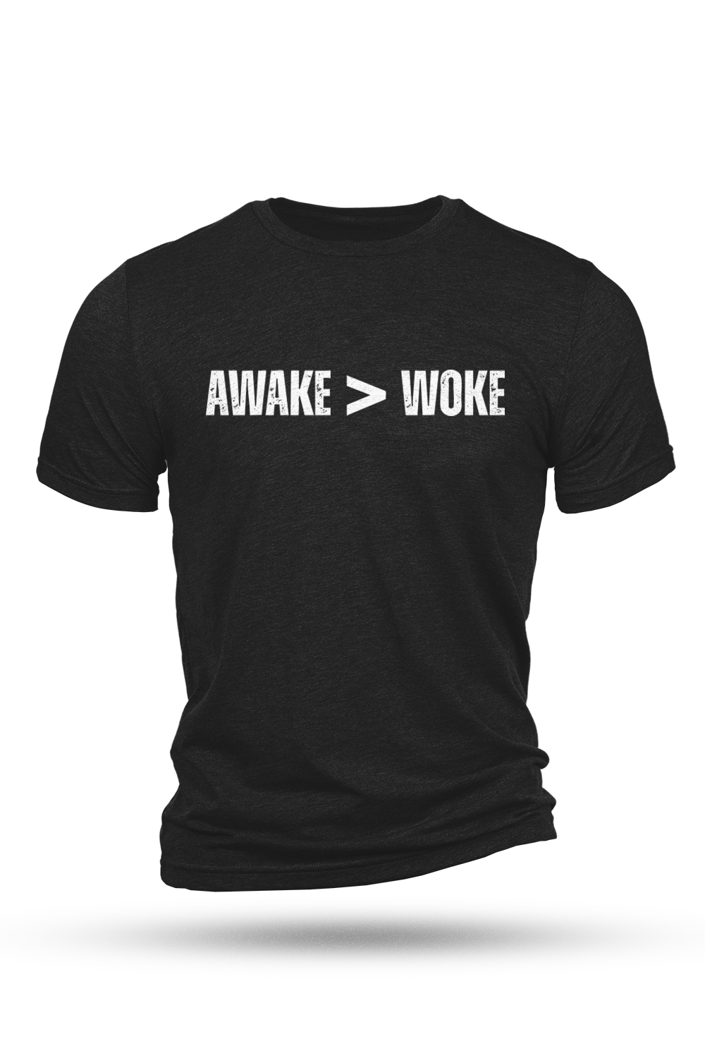 Black t-shirt with 'AWAKE > WOKE' text on a white background