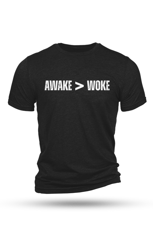 Black t-shirt with 'AWAKE > WOKE' text on a white background