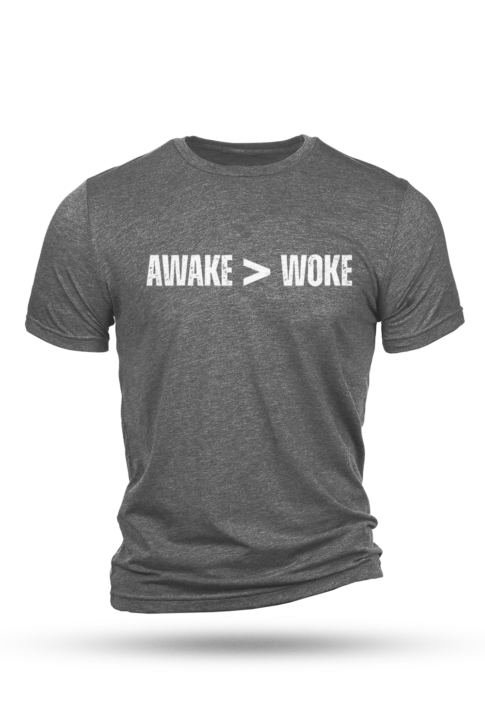 Gray t-shirt with 'AWAKE > WOKE' text on a white background