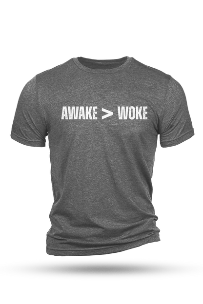 Gray t-shirt with 'AWAKE > WOKE' text on a white background