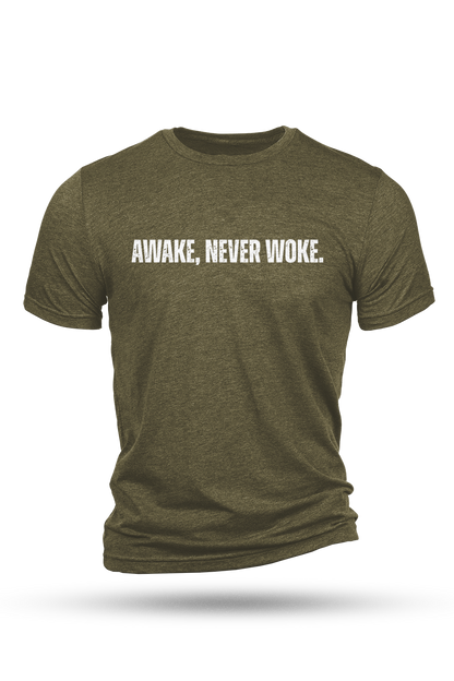 Green t-shirt with 'AWAKE, NEVER WOKE.' text on a white background