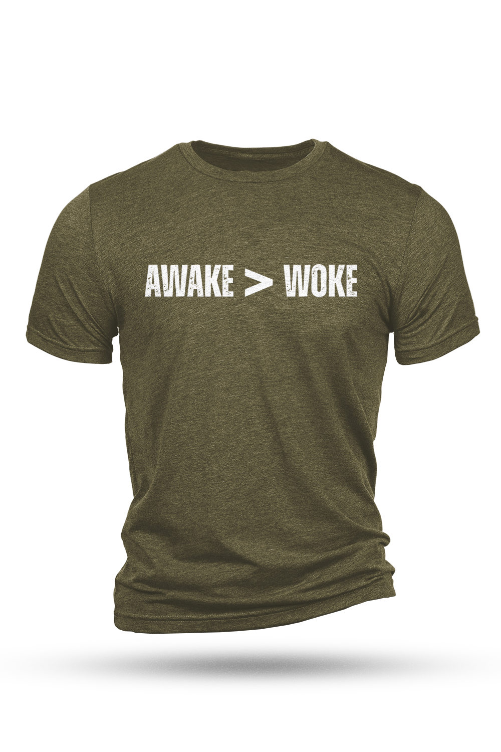 Green t-shirt with 'AWAKE > WOKE' text on a white background