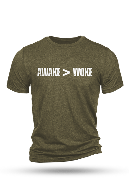 Green t-shirt with 'AWAKE > WOKE' text on a white background