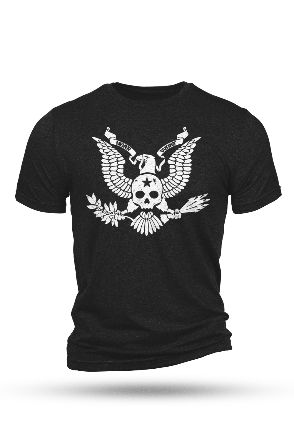 Black t-shirt with a white eagle graphic design on a white background