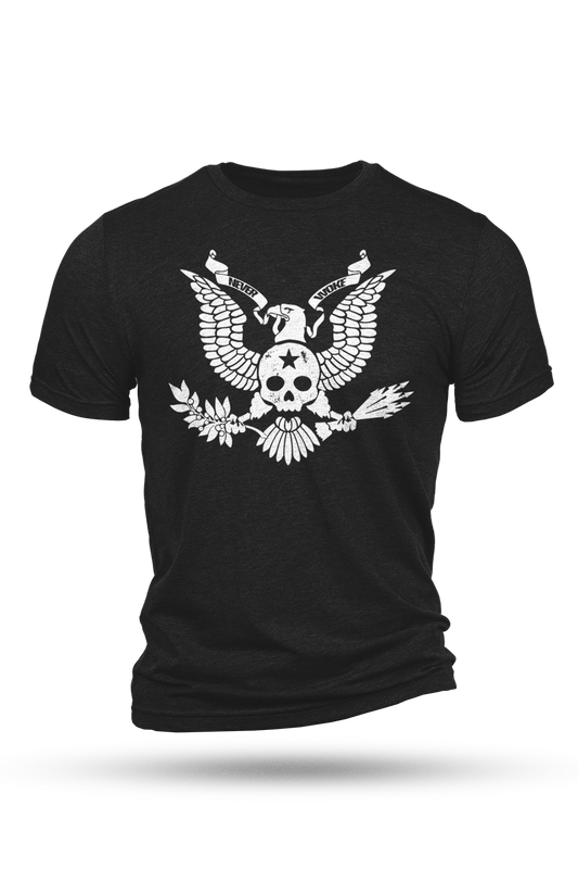 Black t-shirt with a white eagle graphic design on a white background