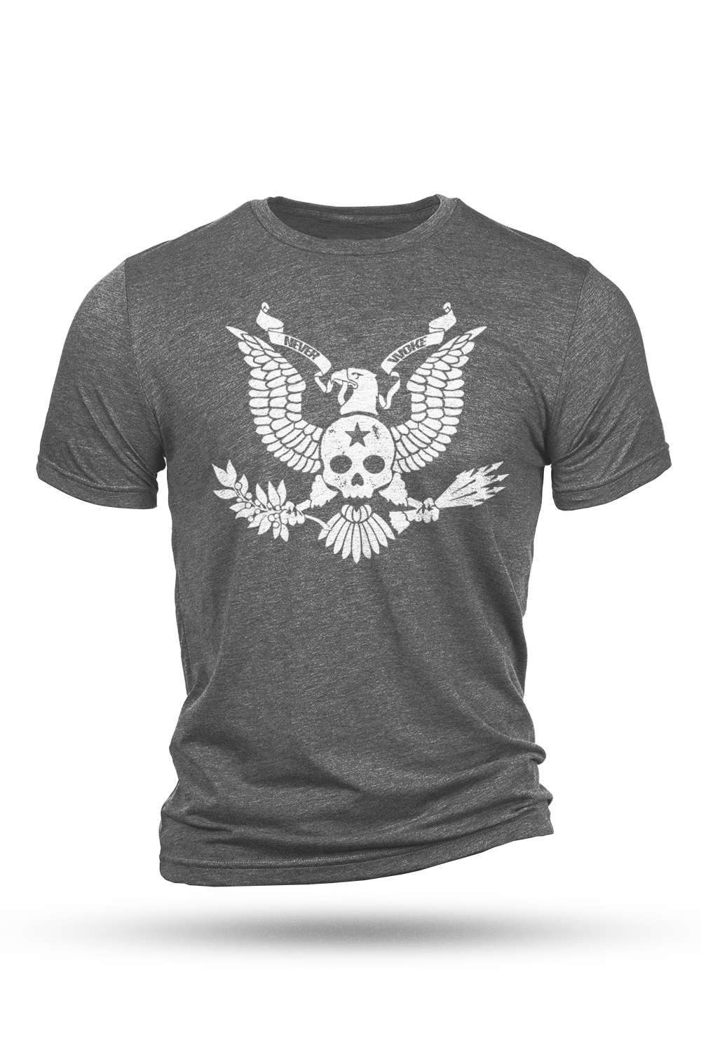 Gray t-shirt with a white eagle graphic design on a white background