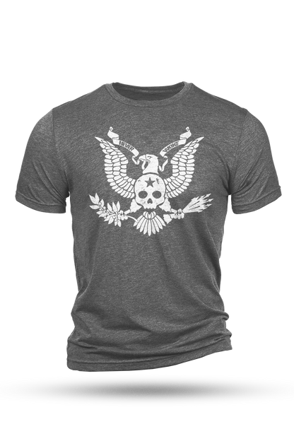 Gray t-shirt with a white eagle graphic design on a white background