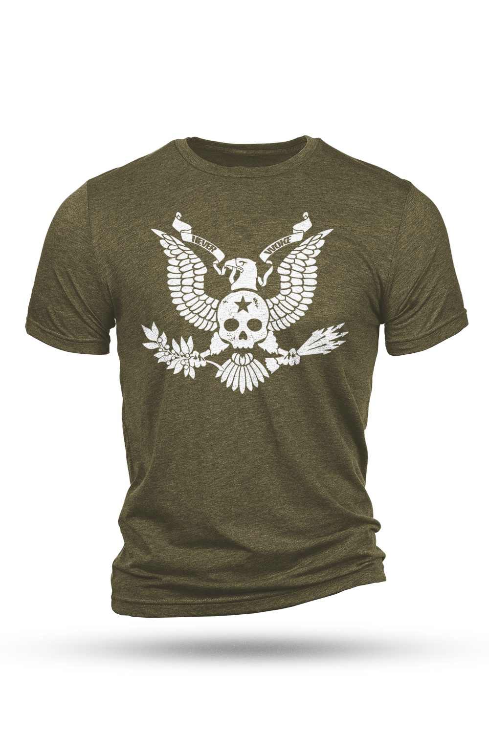 Green t-shirt with a white eagle and skull design on a white background