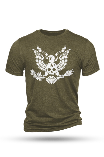 Green t-shirt with a white eagle and skull design on a white background