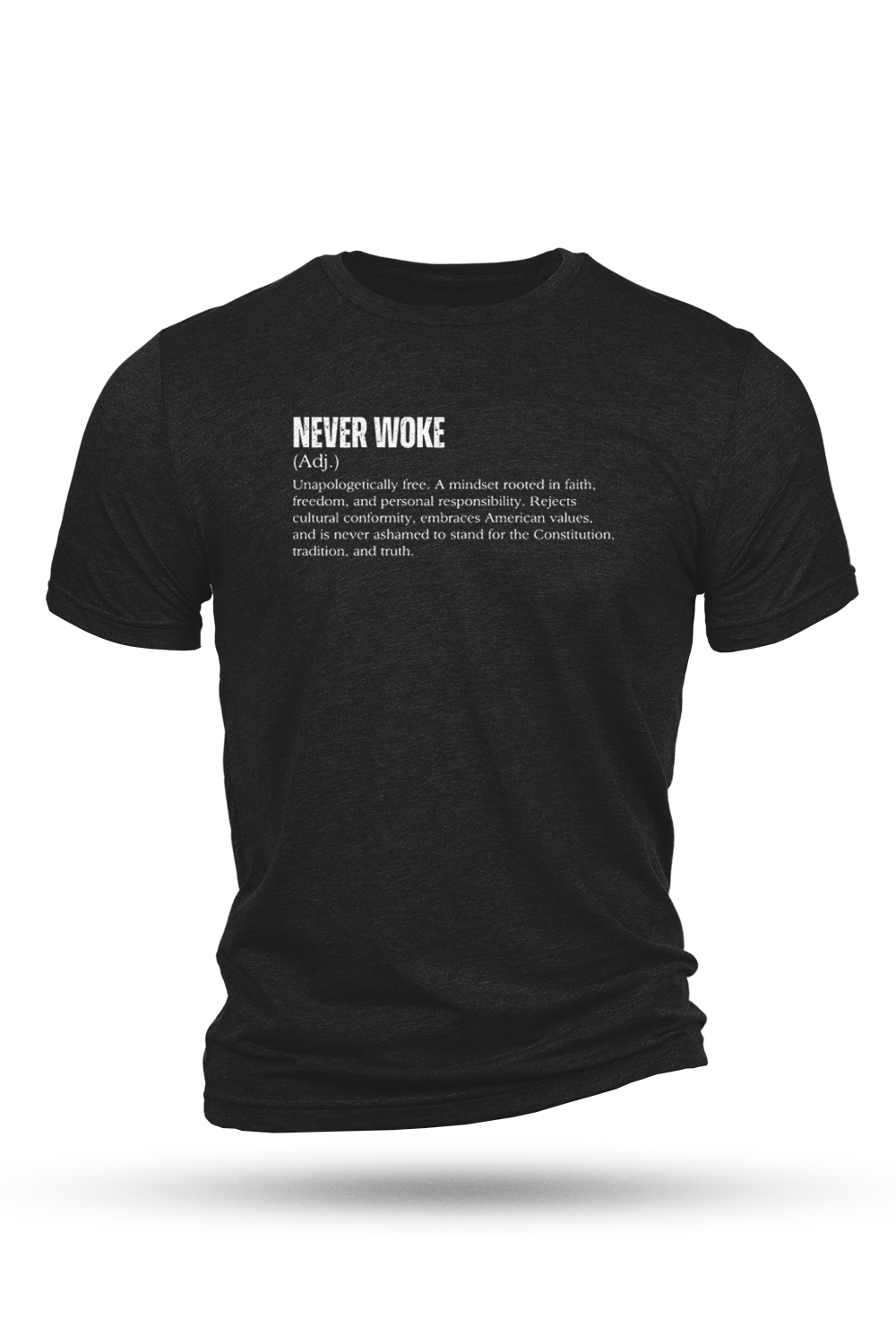 Black t-shirt with white text on a white background