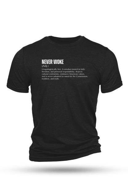 Black t-shirt with white text on a white background