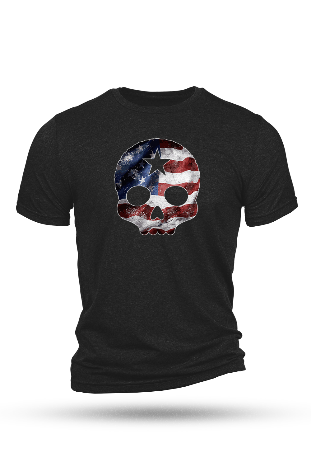 Black t-shirt with a skull design featuring the American flag on a white background