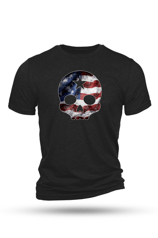 Black t-shirt with a skull design featuring the American flag on a white background