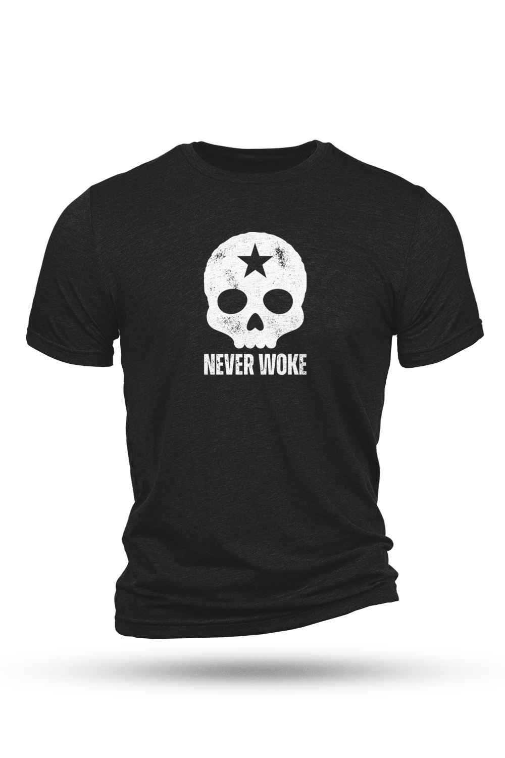Black t-shirt with a white skull design and 'Never Woke' text on a white background