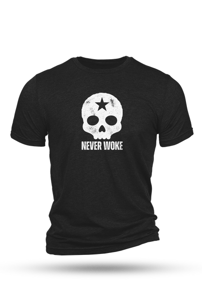 Black t-shirt with a white skull design and 'Never Woke' text on a white background