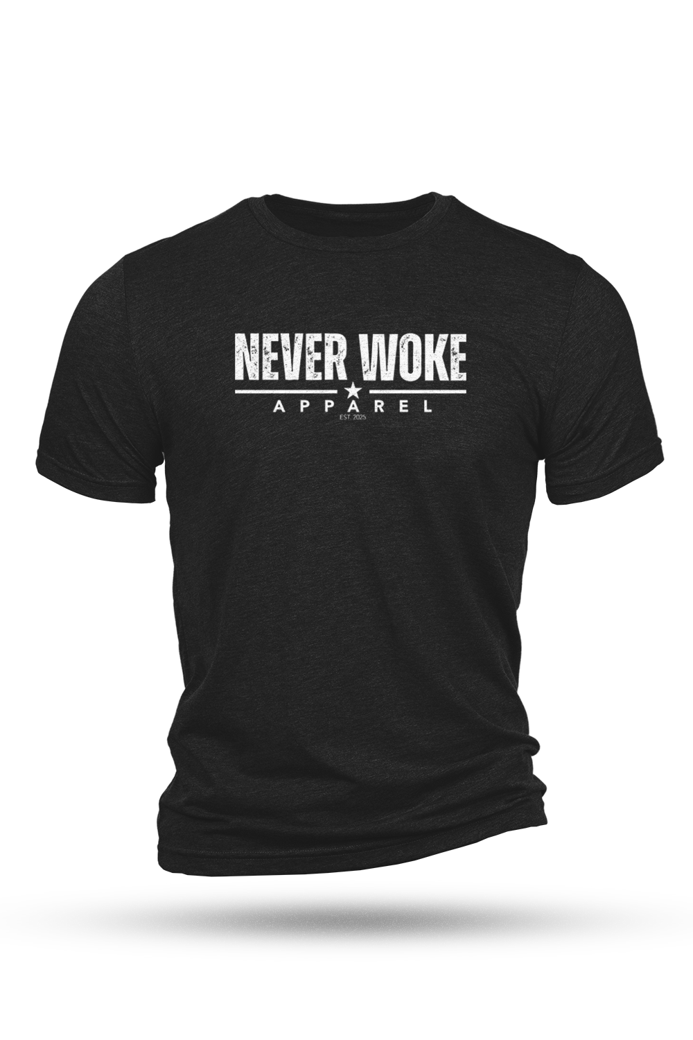 Black t-shirt with 'Never Woke Apparel' text on a white background
