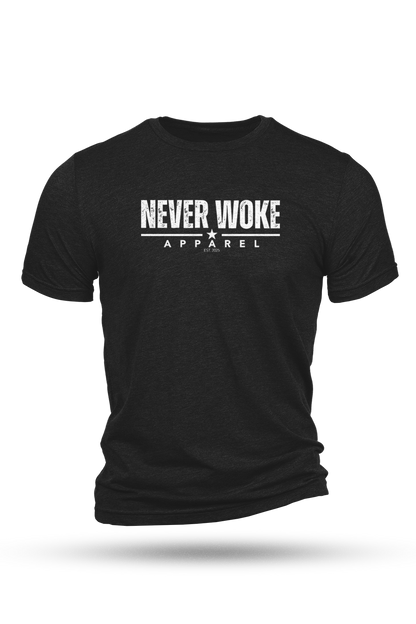 Black t-shirt with 'Never Woke Apparel' text on a white background