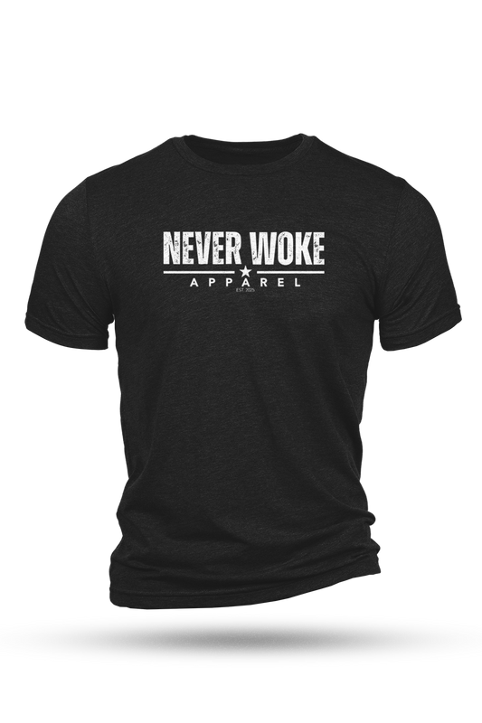 Black t-shirt with 'Never Woke Apparel' text on a white background
