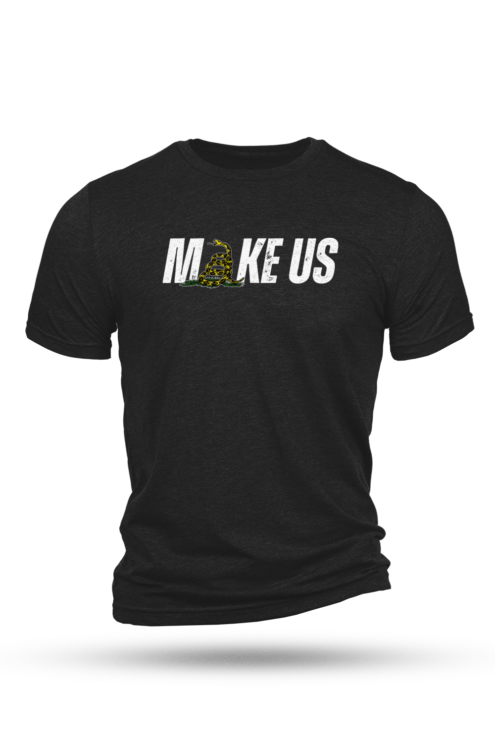 Black t-shirt with white text and yellow graphic on a white background