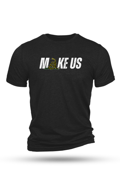 Black t-shirt with white text and yellow graphic on a white background