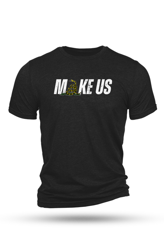 Black t-shirt with white text and yellow graphic on a white background