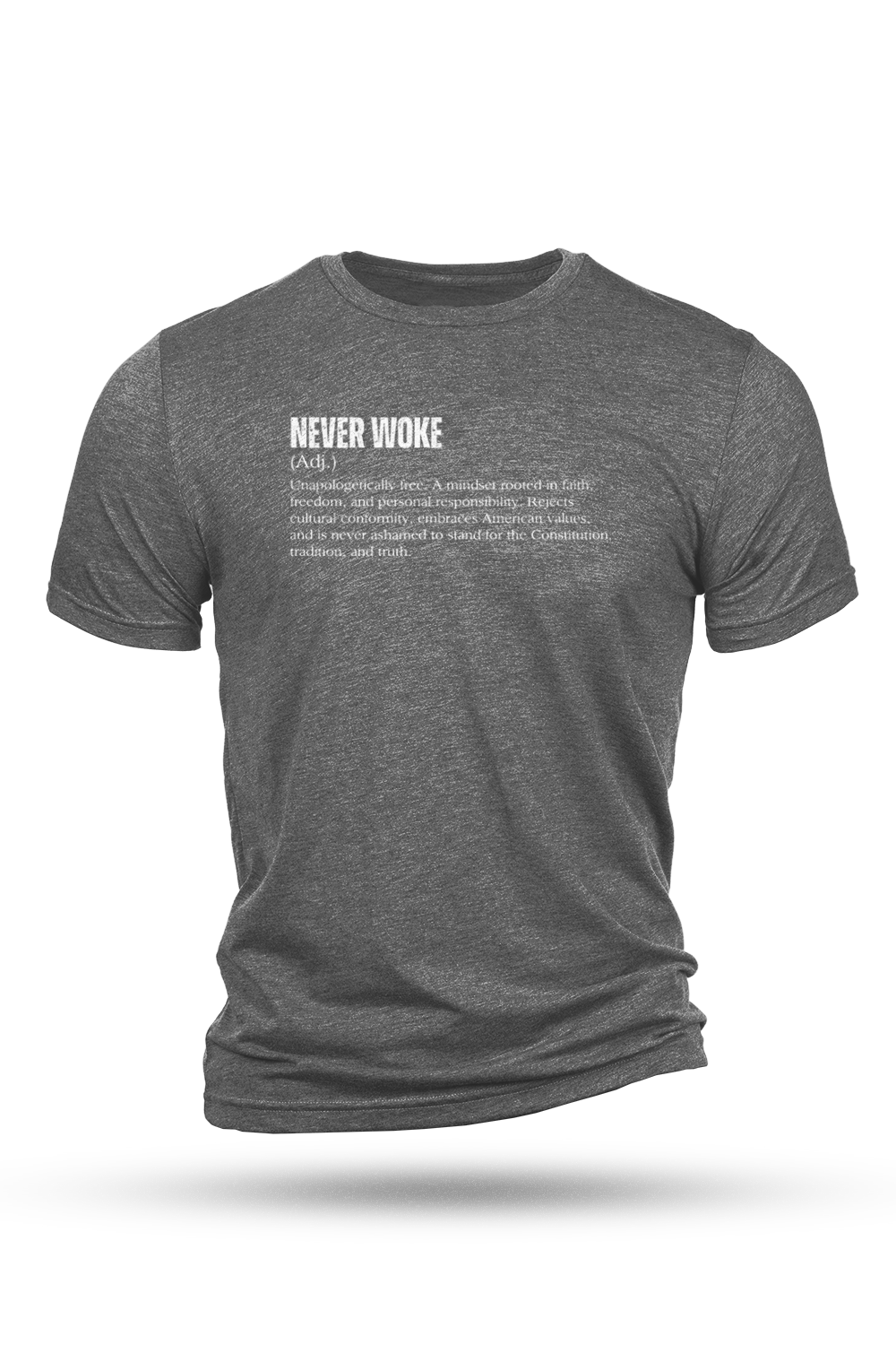 Gray t-shirt with white text on a white background