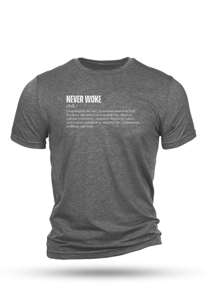 Gray t-shirt with white text on a white background