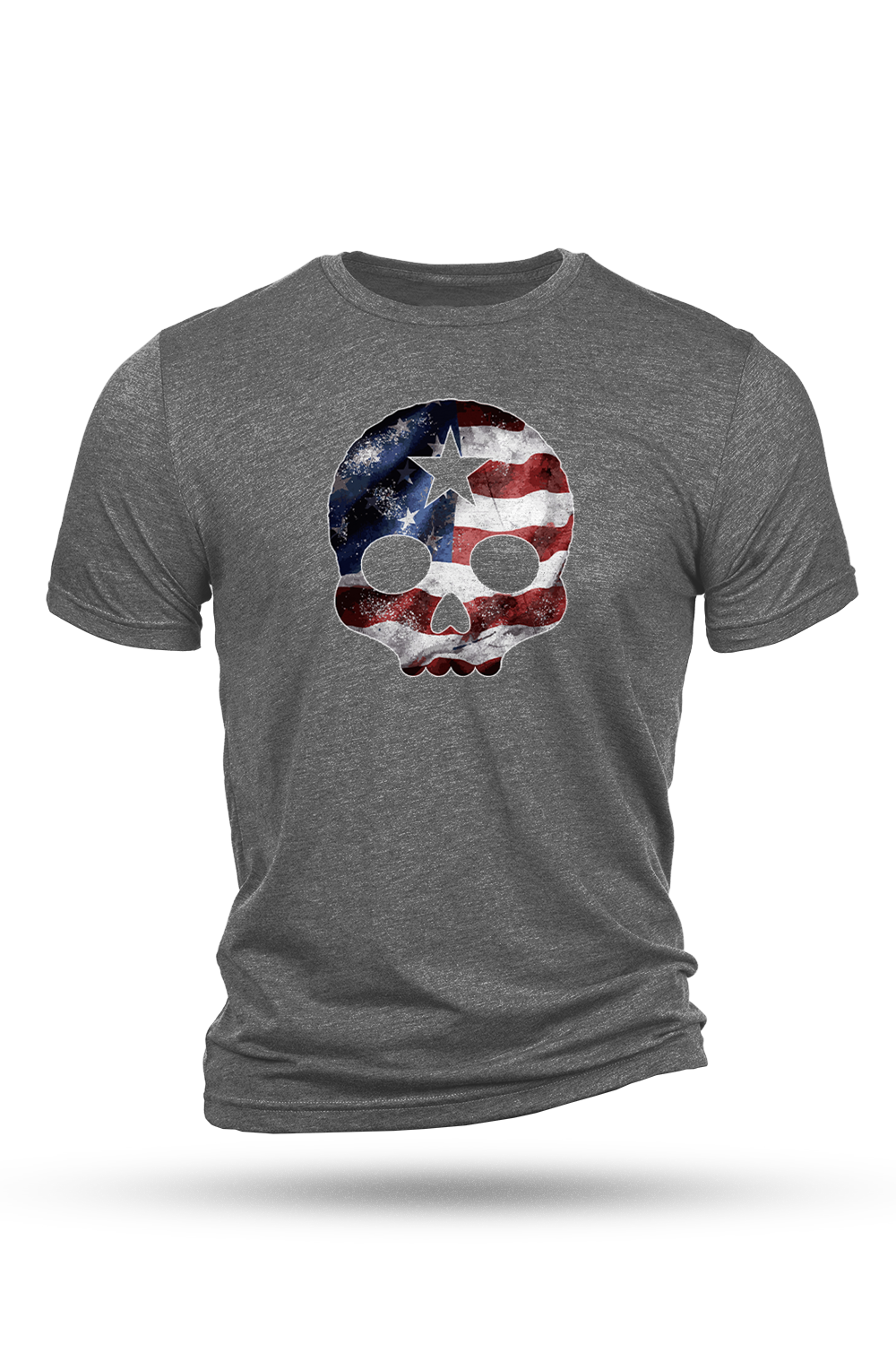 Gray t-shirt with a skull design featuring the American flag on a white background