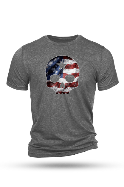 Gray t-shirt with a skull design featuring the American flag on a white background