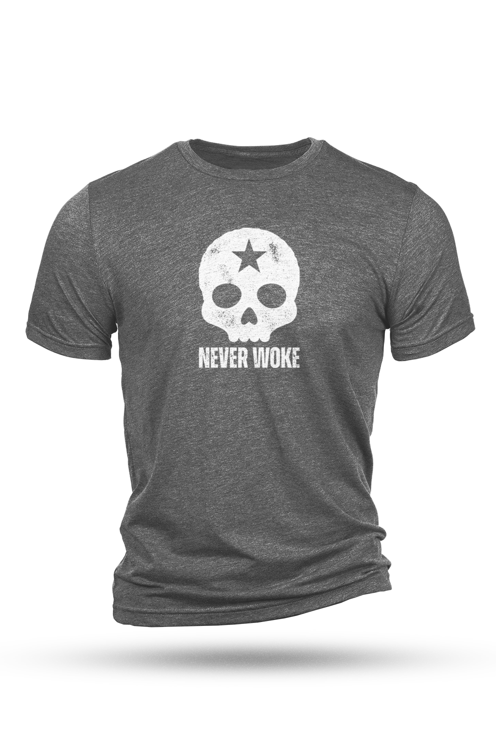 Gray t-shirt with a skull and star graphic and 'Never Woke' text on a white background