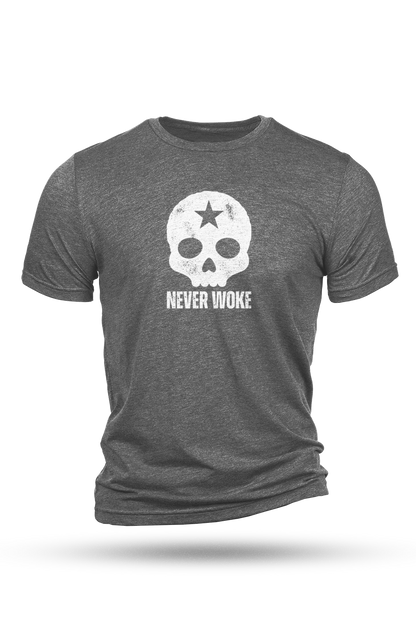 Gray t-shirt with a skull and star graphic and 'Never Woke' text on a white background