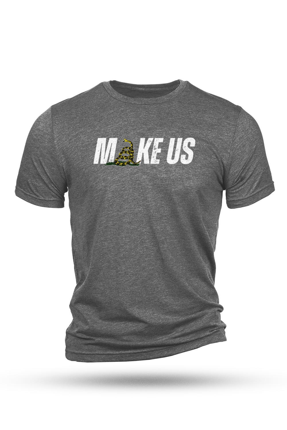 Gray t-shirt with 'MAKE US' text and logo on a white background