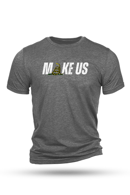 Gray t-shirt with 'MAKE US' text and logo on a white background