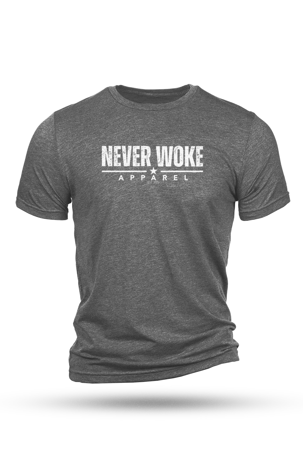 Gray t-shirt with 'Never Woke Apparel' text on a white background