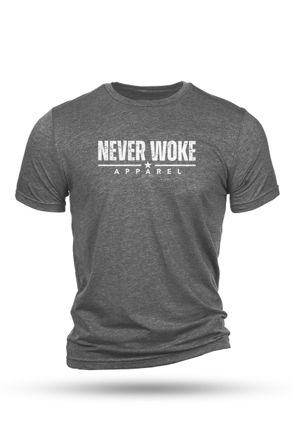 Gray t-shirt with 'Never Woke Apparel' text on a white background