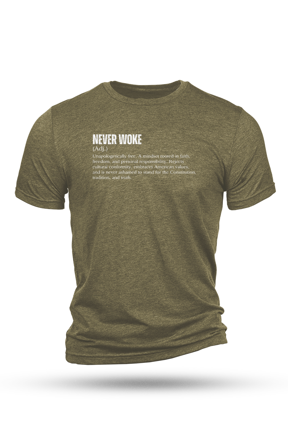 Green t-shirt with white text on a white background