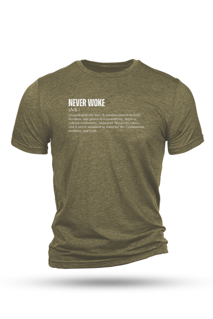 Green t-shirt with white text on a white background