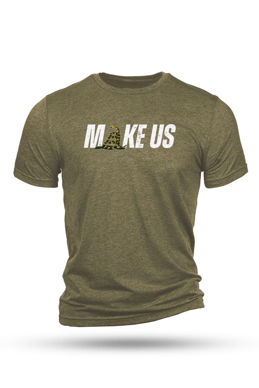 Green t-shirt with 'MAKE US' text and graphic on a white background