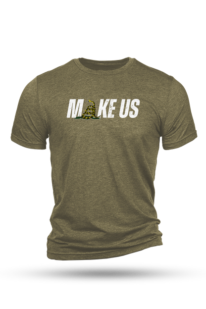 Green t-shirt with 'MAKE US' text and graphic on a white background