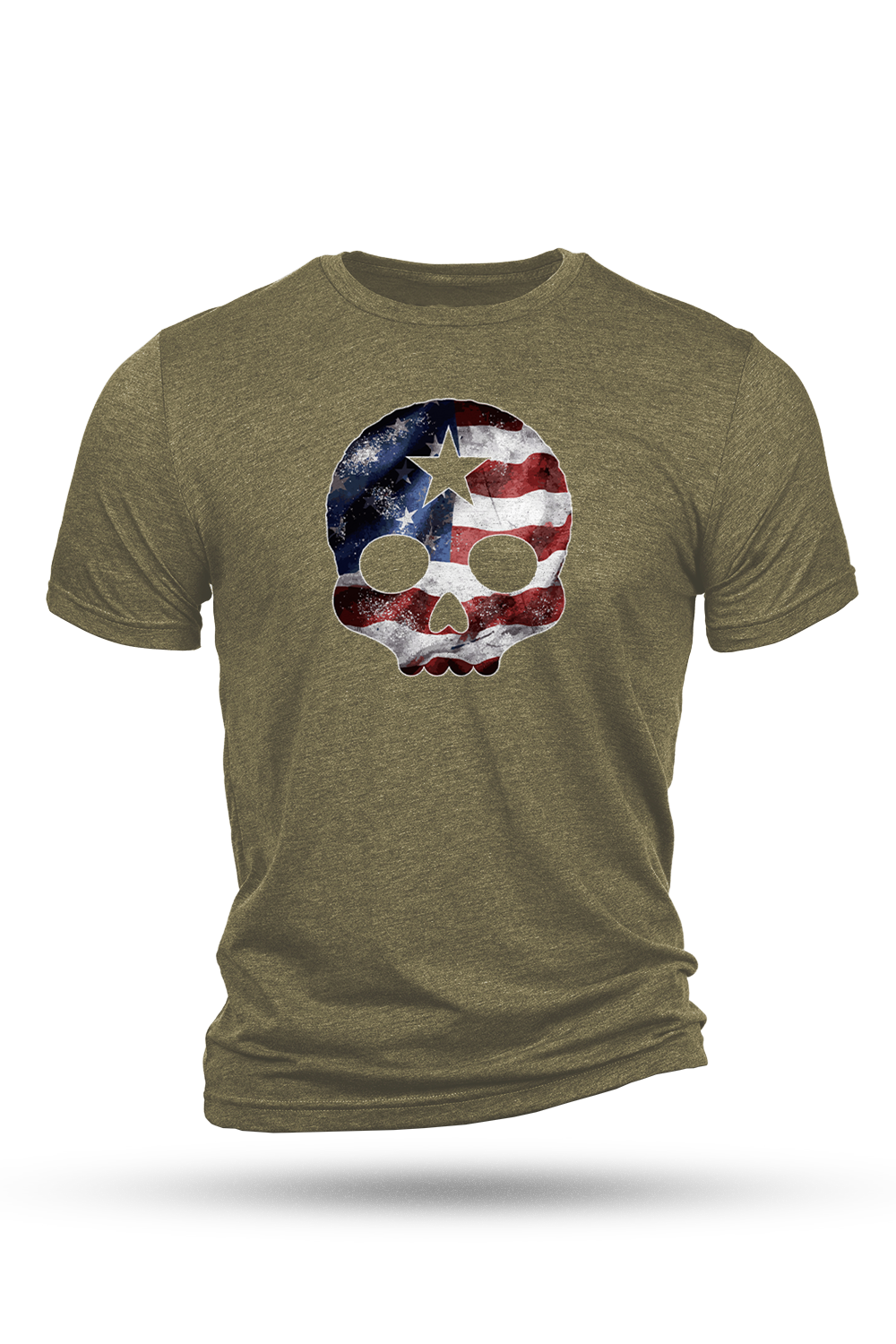 Green t-shirt with a skull design featuring the American flag on a white background