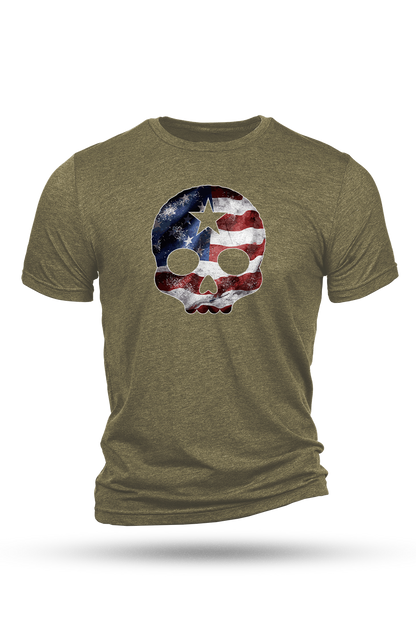 Green t-shirt with a skull design featuring the American flag on a white background