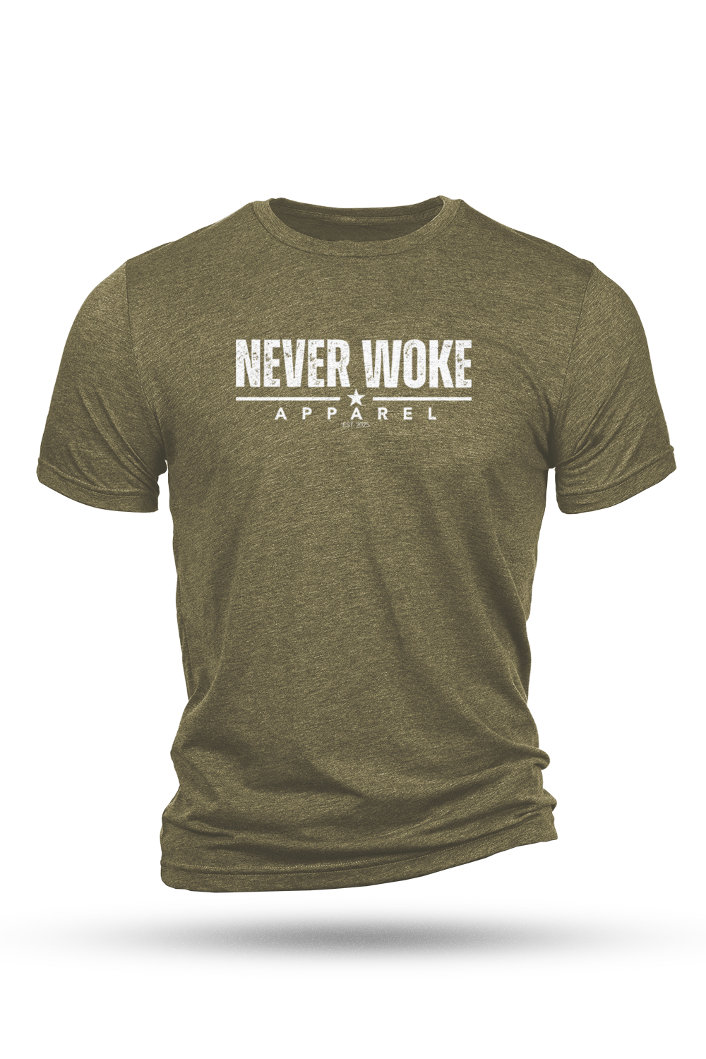 Green t-shirt with 'Never Woke Apparel' text on a white background