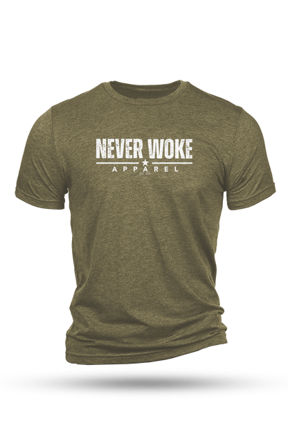 Green t-shirt with 'Never Woke Apparel' text on a white background