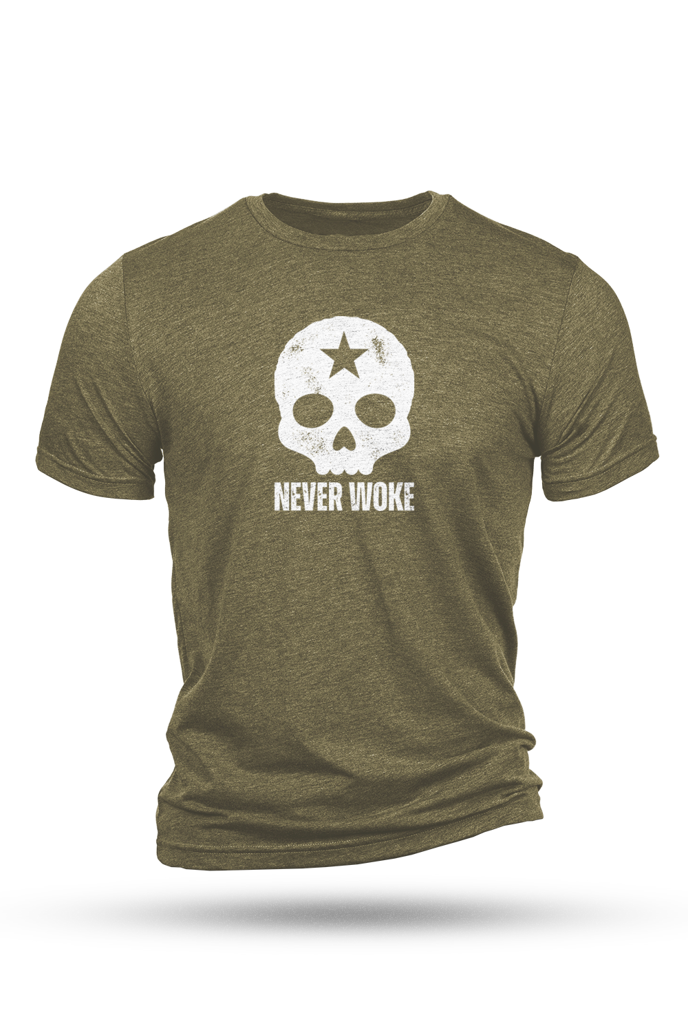Green t-shirt with a skull design and 'Never Woke' text on a white background
