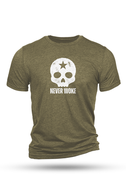 Green t-shirt with a skull design and 'Never Woke' text on a white background